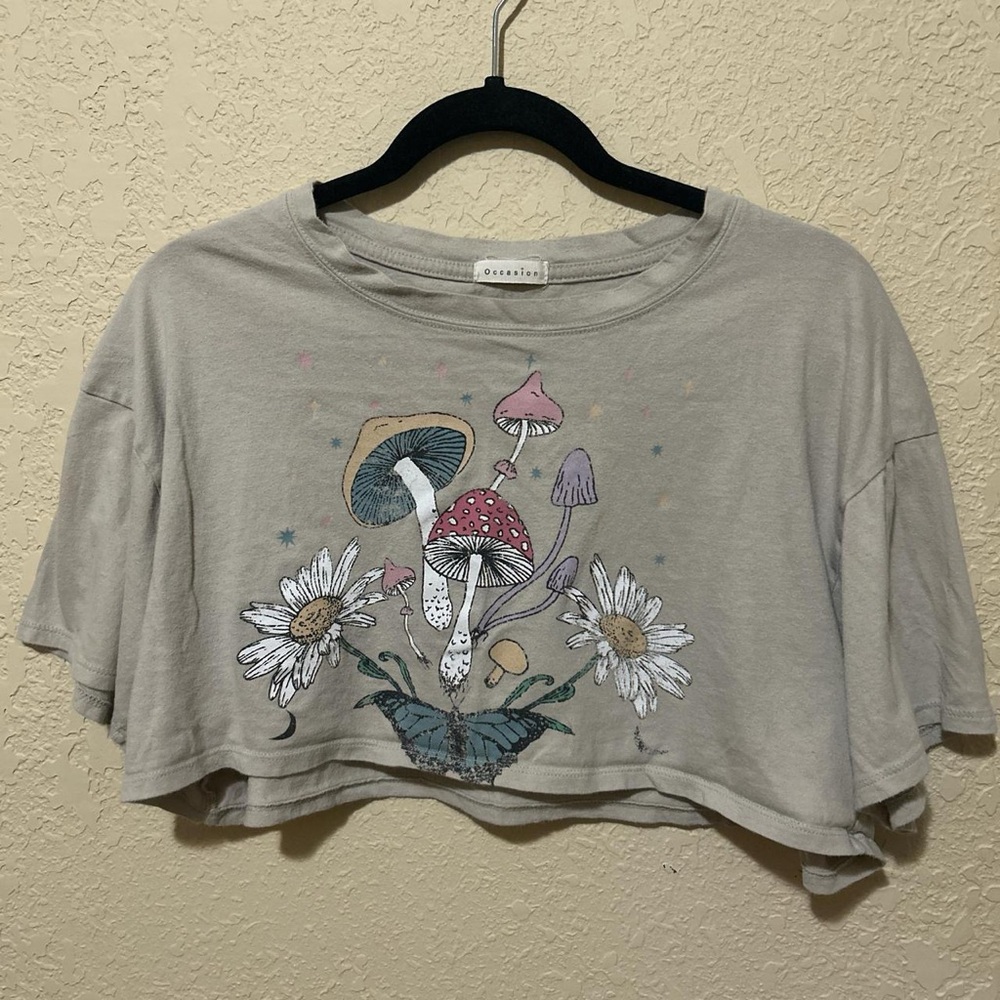 Tan Crop Top with Mushroom and Flower Print